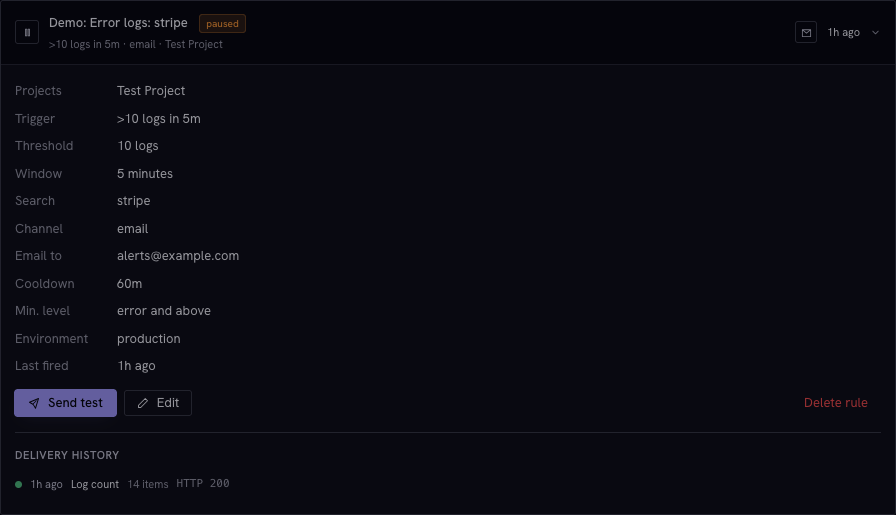 Log alert configuration and delivery history