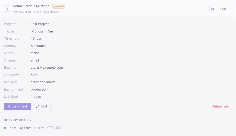 Log alert configuration and delivery history