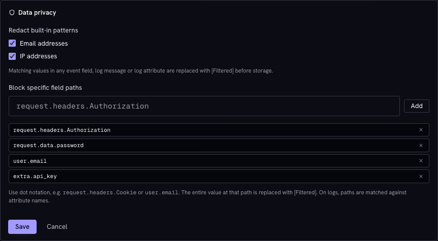 Project data privacy settings