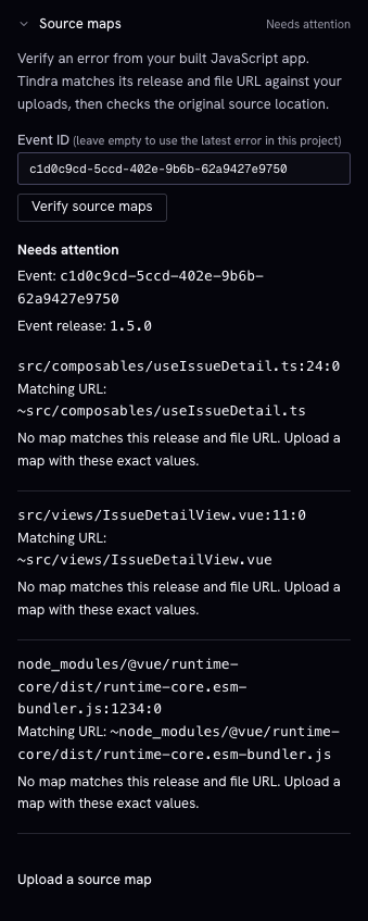 Source-map verification identifies frame URLs without matching uploaded maps
