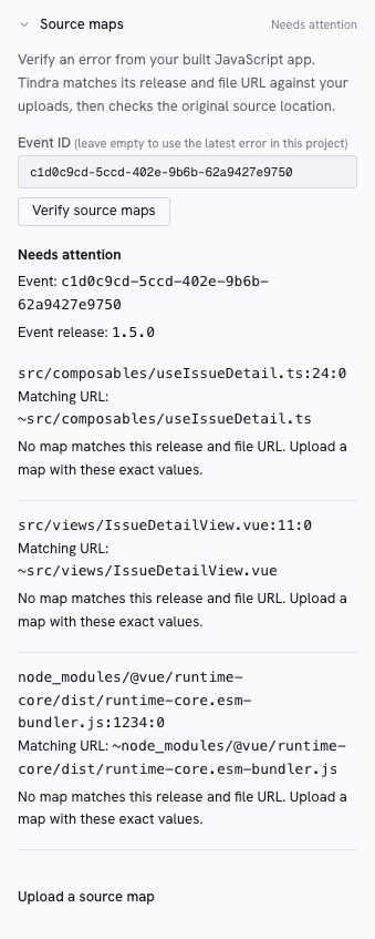 Source-map verification identifies frame URLs without matching uploaded maps